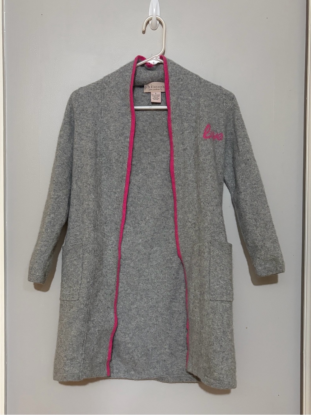 Philosophy 100% Cashmere Grey Open-Front Cardigan with Pink Trim